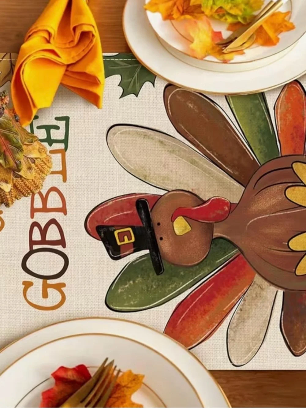 NWT 100% Linen Thanksgiving Table Runner - Orange, Brown, Green, Yellow, 13X72
